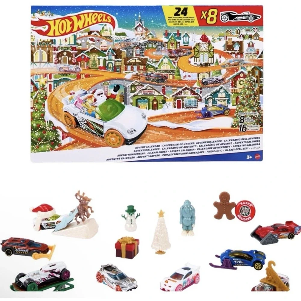 Hot Wheels Advent Calendar 2023 Holiday Set 8 Cars 16 Accessories Mattel HPX40
